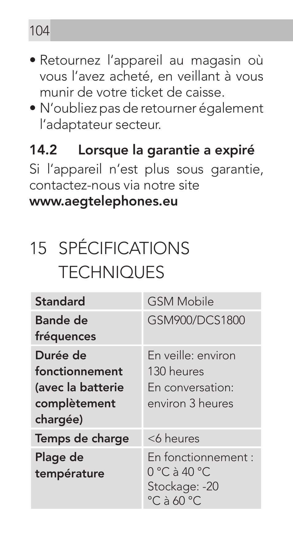 15 spécifications techniques | AEG Voxtel M311 User Manual | Page 104 / 216