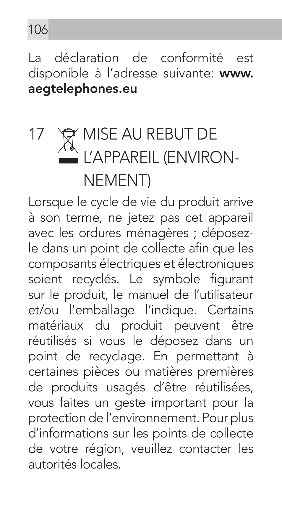 17 mise au rebut de l’appareil (environ- nement) | AEG Voxtel M311 User Manual | Page 106 / 216