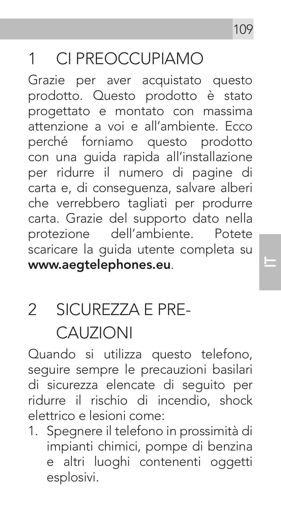 1 ci preoccupiamo, 2 sicurezza e pre- cauzioni | AEG Voxtel M311 User Manual | Page 109 / 216