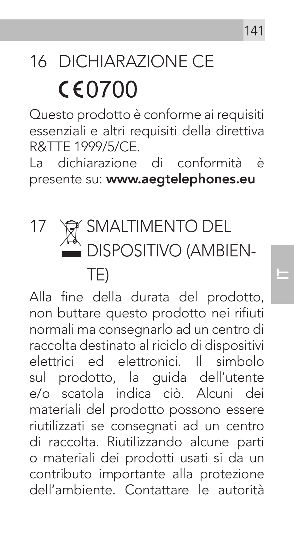 16 dichiarazione ce, 17 smaltimento del dispositivo (ambien- te) | AEG Voxtel M311 User Manual | Page 141 / 216