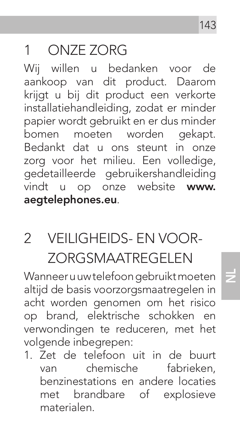 1 onze zorg, 2 veiligheids- en voor- zorgsmaatregelen | AEG Voxtel M311 User Manual | Page 143 / 216
