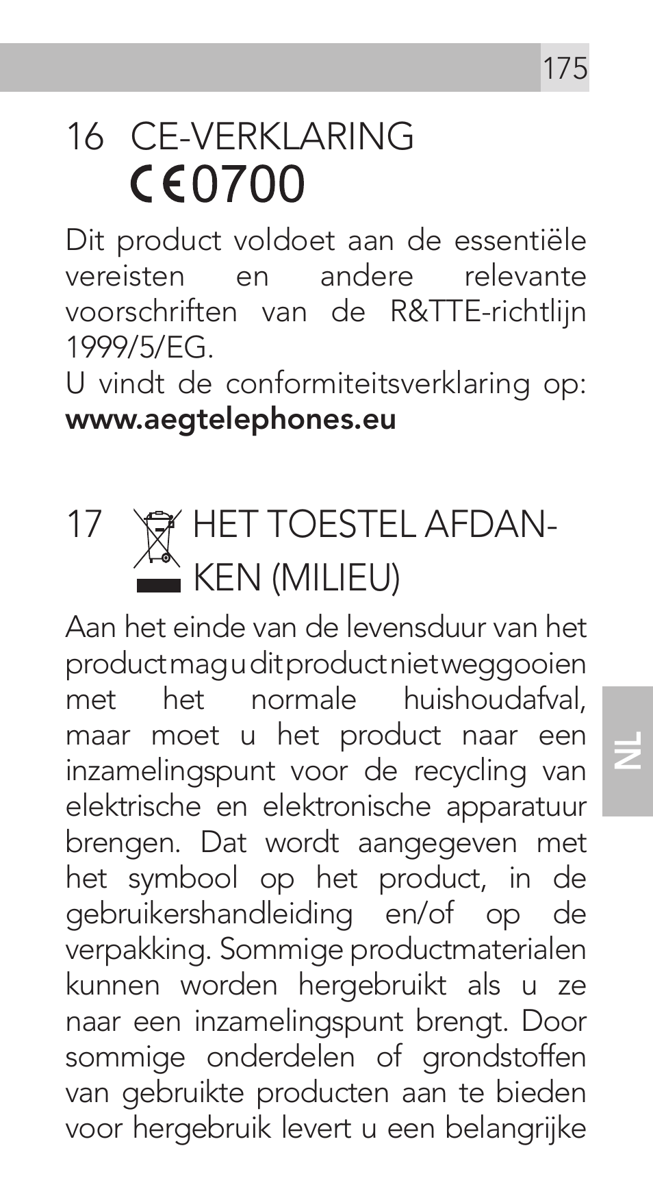 16 ce-verklaring, 17 het toestel afdan- ken (milieu) | AEG Voxtel M311 User Manual | Page 175 / 216