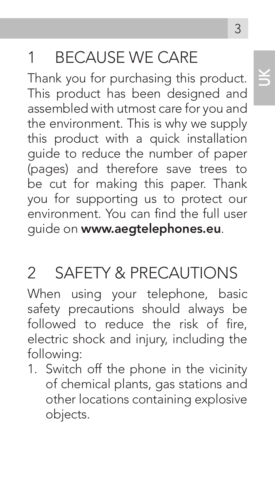 1 because we care, 2 safety & precautions | AEG Voxtel M311 User Manual | Page 3 / 216