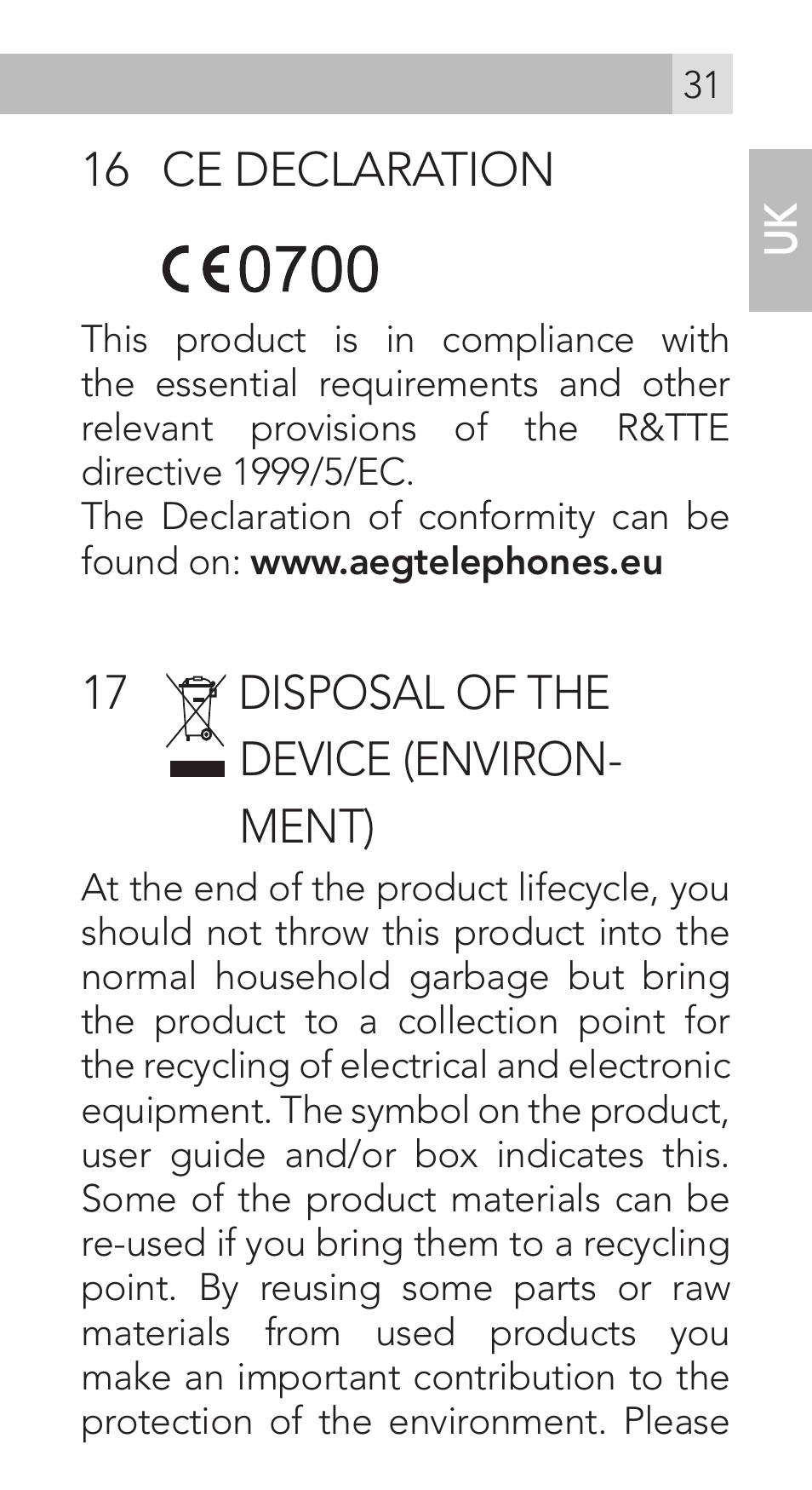 16 ce declaration, 17 disposal of the device (environ- ment) | AEG Voxtel M311 User Manual | Page 31 / 216