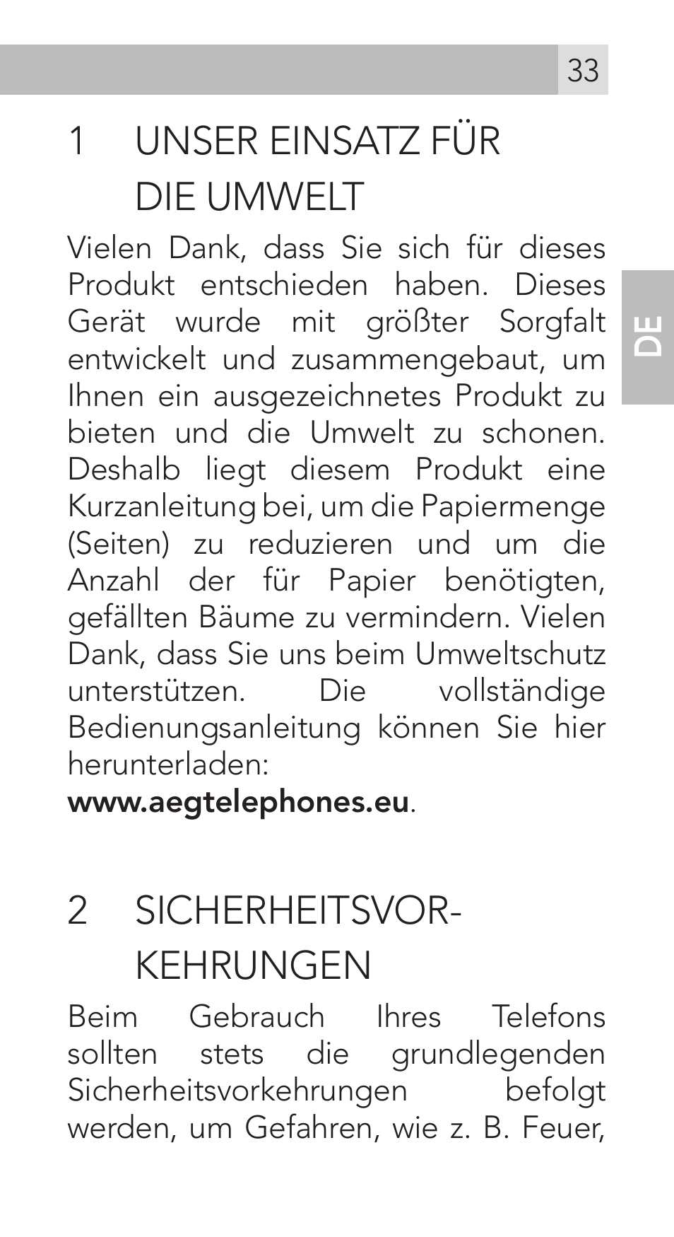 1 unser einsatz für die umwelt, 2 sicherheitsvor- kehrungen | AEG Voxtel M311 User Manual | Page 33 / 216