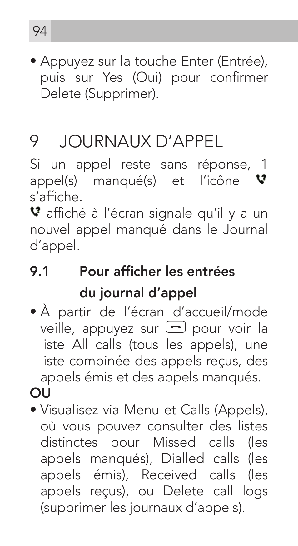 9 journaux d’appel | AEG Voxtel M311 User Manual | Page 94 / 216