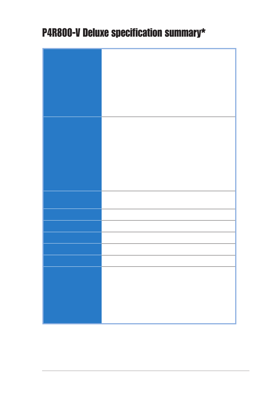 P4r800-v deluxe specification summary | Asus DELUXE P4R800-V User Manual | Page 11 / 124