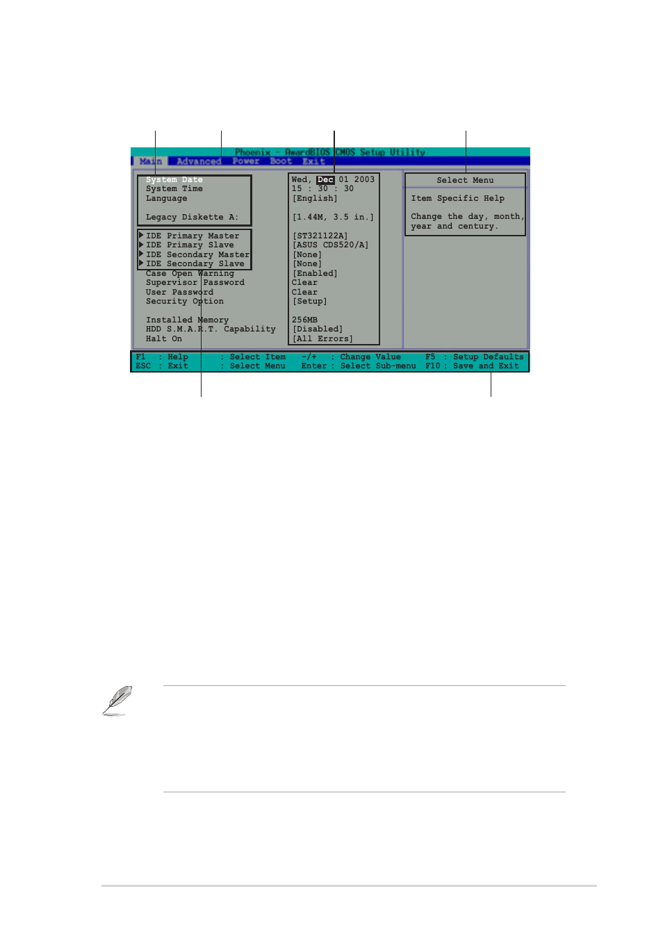 2 menu bar, 1 bios menu screen | Asus DELUXE P4R800-V User Manual | Page 73 / 124