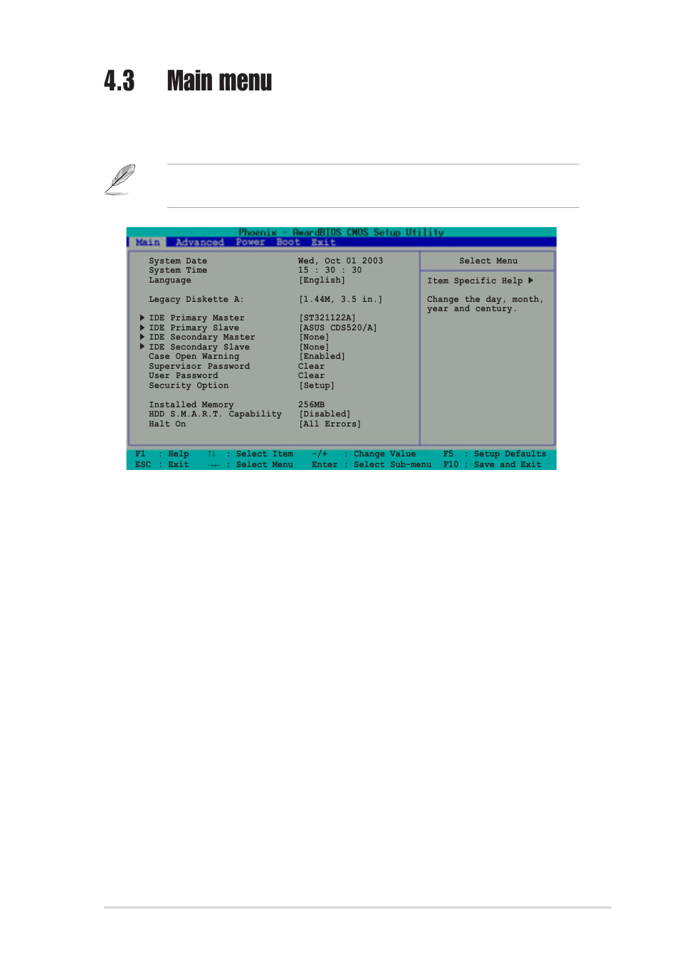 3 main menu, System date [mm/dd/yy, System time [hh:mm:ss | Language [english | Asus DELUXE P4R800-V User Manual | Page 75 / 124