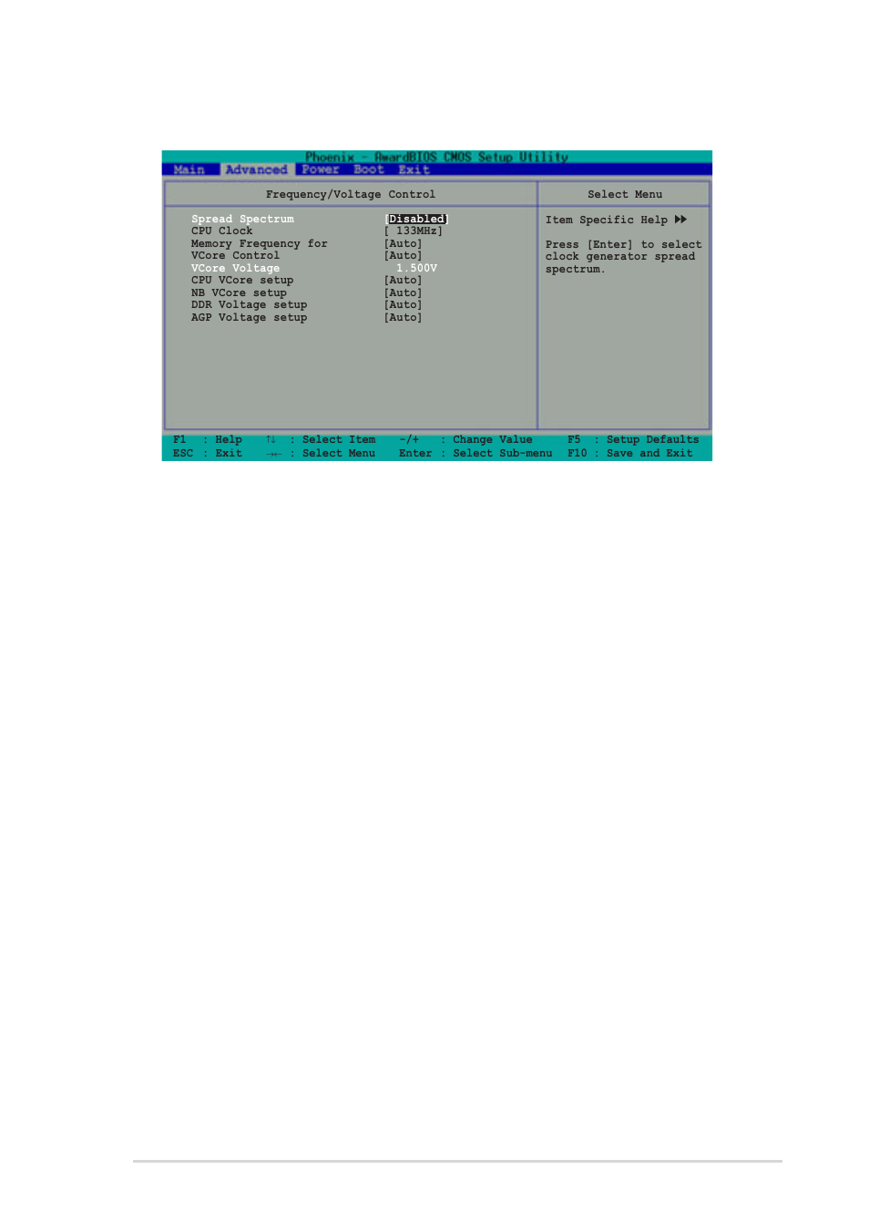 1 frequency/voltage control, Spread spectrum [disabled, Cpu clock [133mhz | Vcore control [auto, Vcore voltage [x.xxxv | Asus DELUXE P4R800-V User Manual | Page 81 / 124