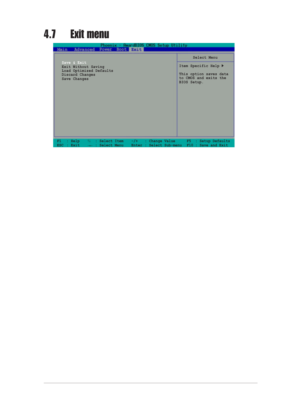 7 exit menu, Save & exit setup, Exit without saving | Load optimized defaults, Discard changes, Save changes | Asus DELUXE P4R800-V User Manual | Page 95 / 124