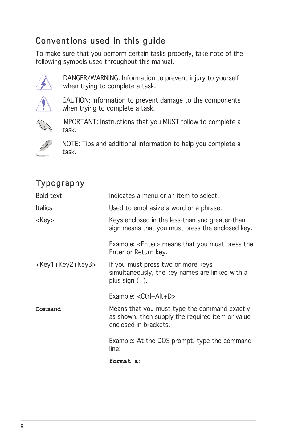 Conventions used in this guide, Typography | Asus P5L 1394 User Manual | Page 10 / 120