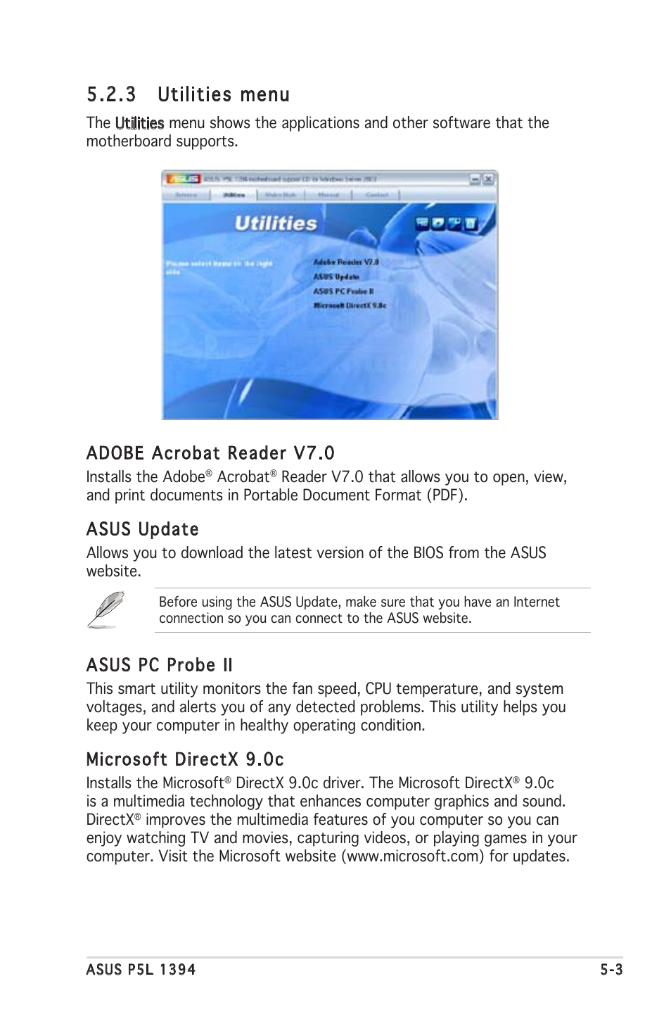 3 utilities menu, Adobe acrobat reader v7.0, Asus update | Asus pc probe ii, Microsoft directx 9.0c | Asus P5L 1394 User Manual | Page 103 / 120