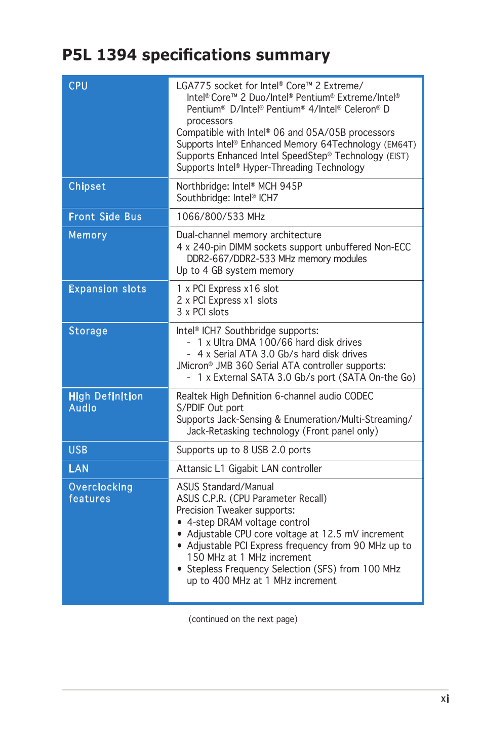 Asus P5L 1394 User Manual | Page 11 / 120