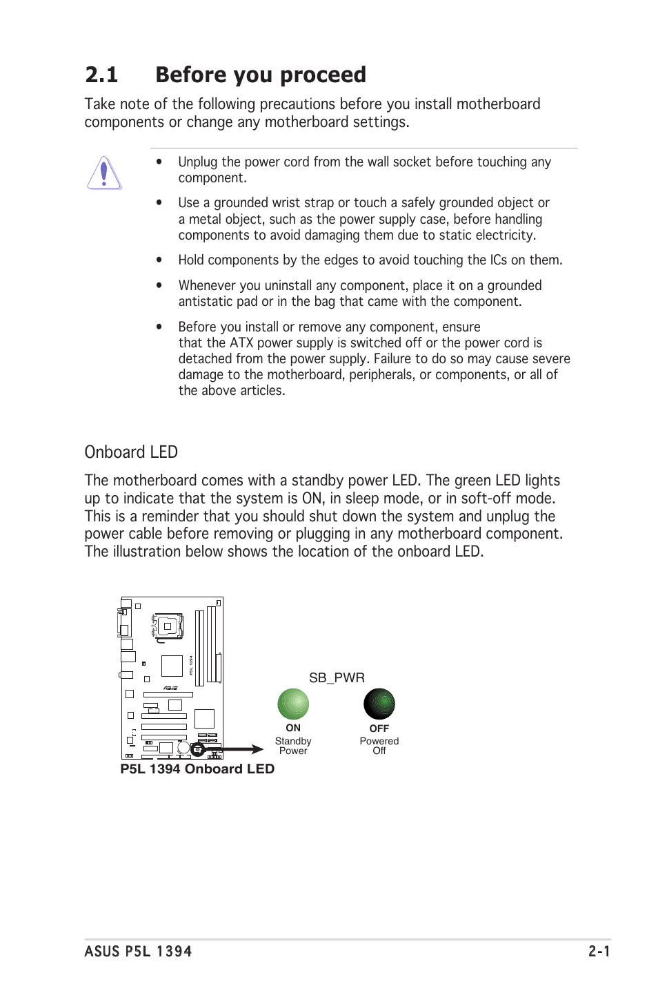 1 before you proceed, Onboard led | Asus P5L 1394 User Manual | Page 21 / 120