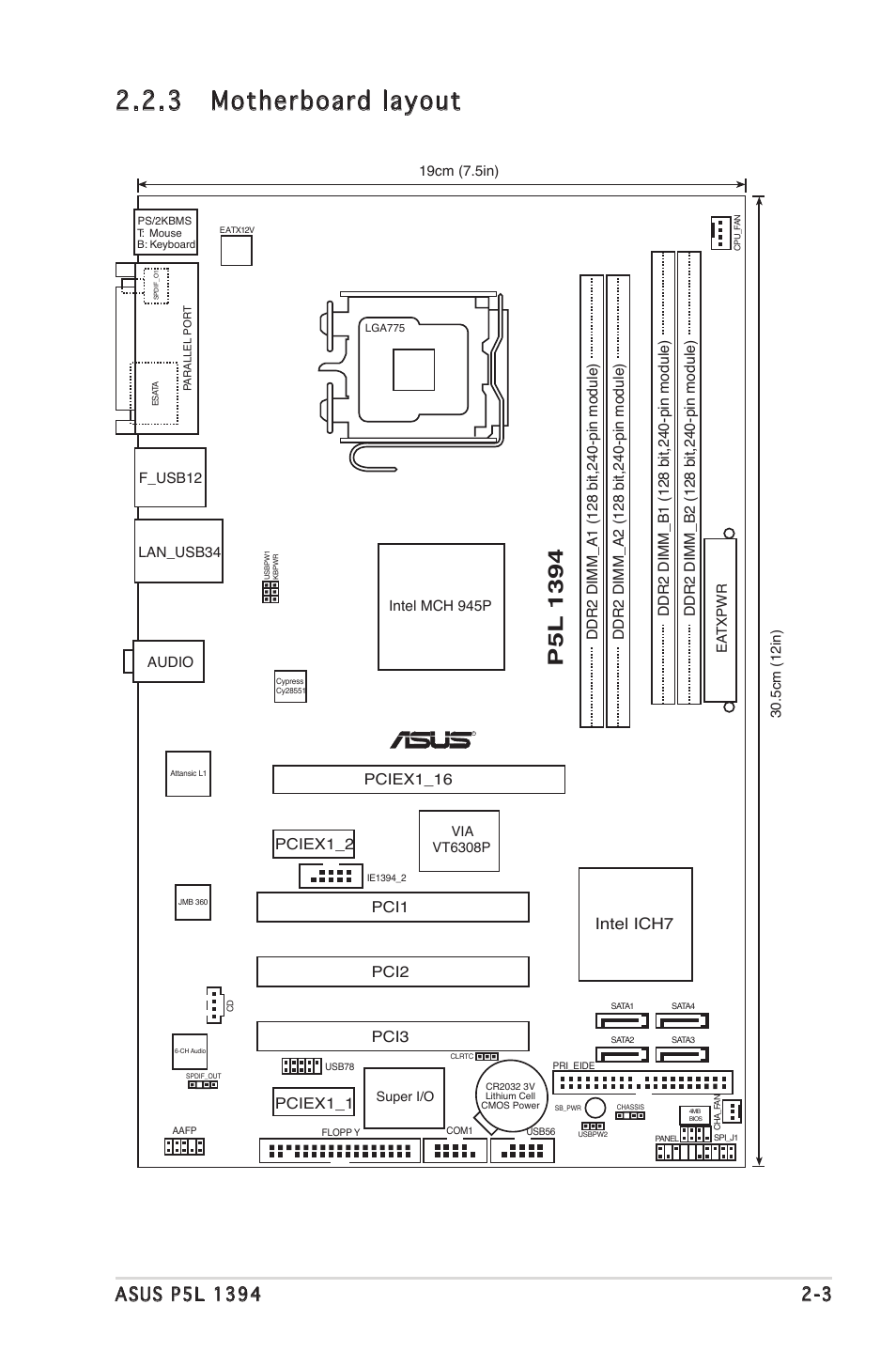 3 motherboard layout, Intel ich7, Pci1 | Ea txpw r, Intel mch 945p, F_usb12 lan_usb34 audio | Asus P5L 1394 User Manual | Page 23 / 120