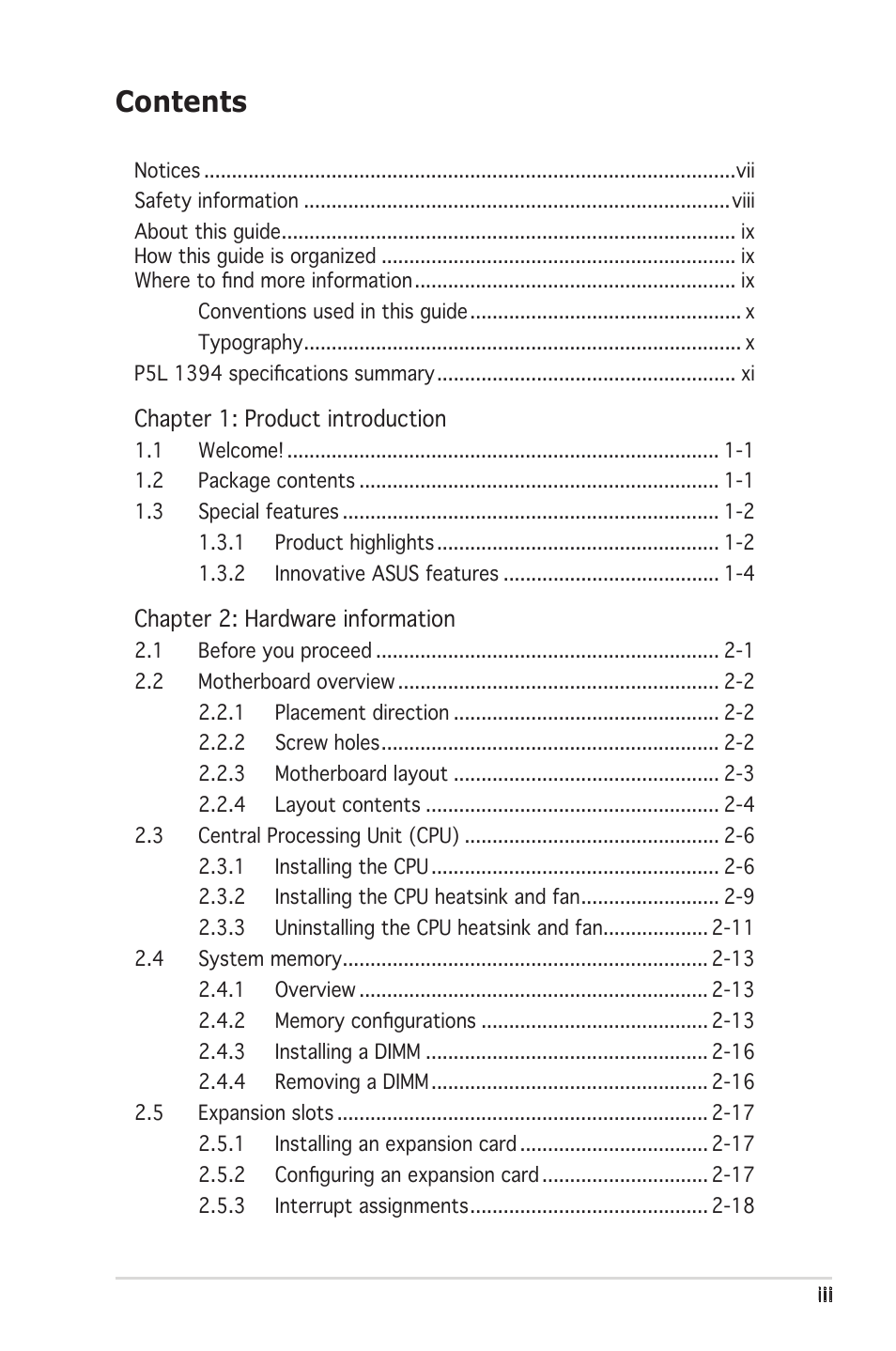 Asus P5L 1394 User Manual | Page 3 / 120