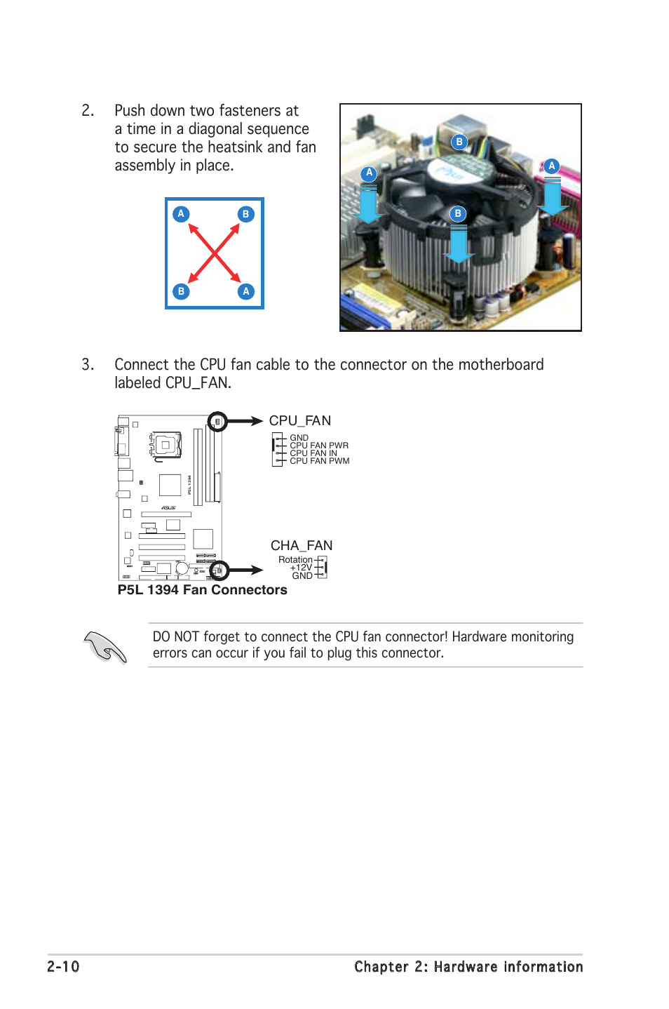 10 chapter 2: hardware information, Cha_fan | Asus P5L 1394 User Manual | Page 30 / 120