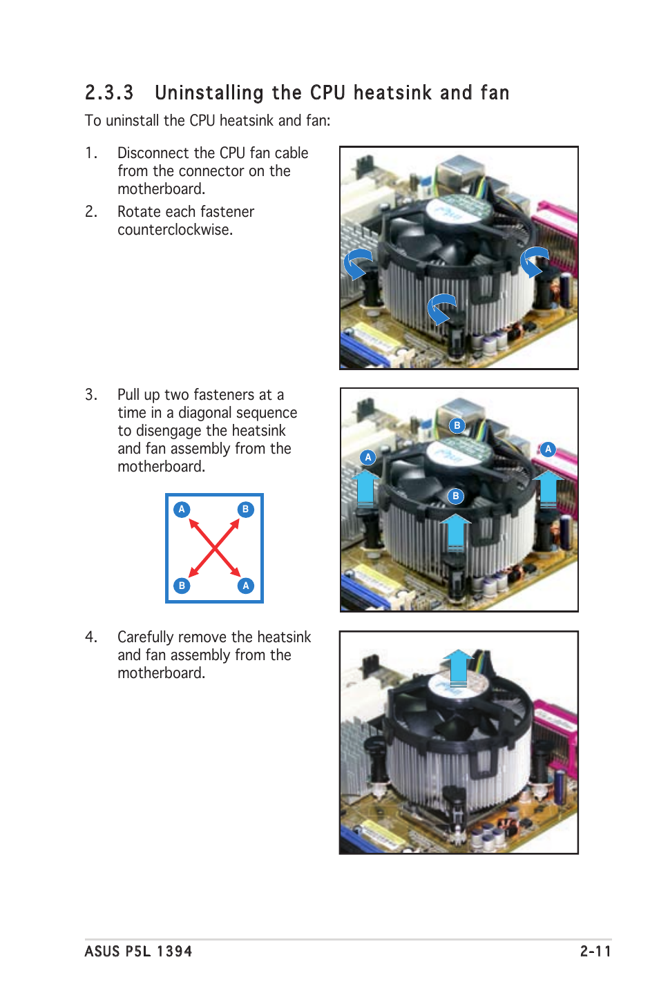 3 uninstalling the cpu heatsink and fan | Asus P5L 1394 User Manual | Page 31 / 120