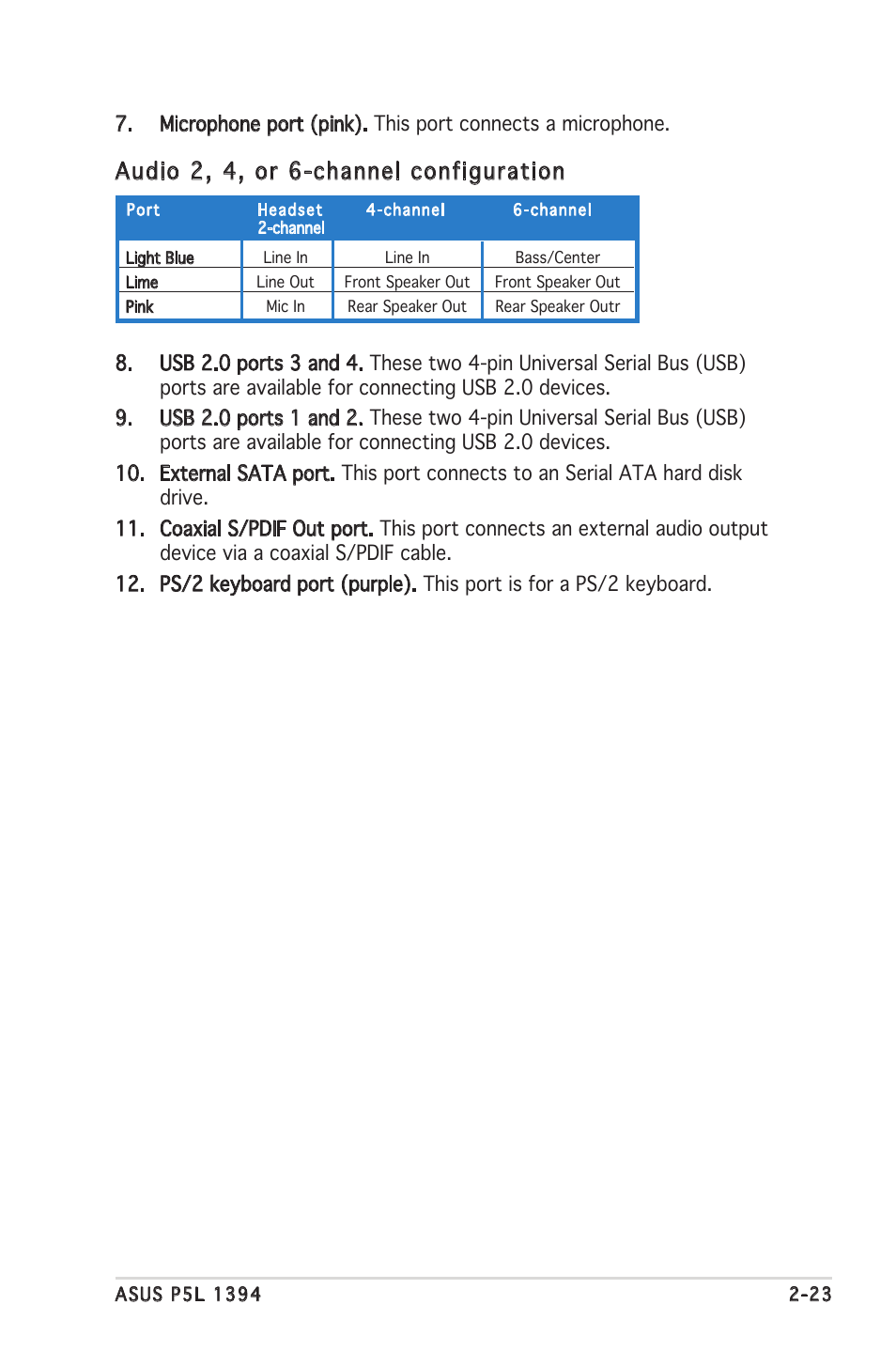 Audio 2, 4, or 6-channel configuration | Asus P5L 1394 User Manual | Page 43 / 120