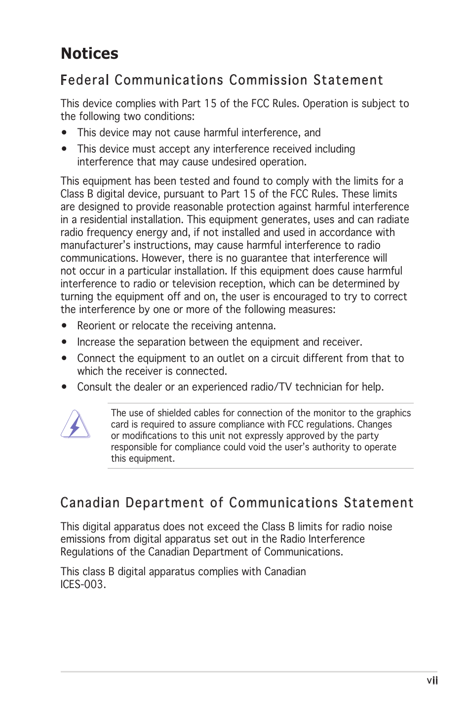 Notices, Federal communications commission statement, Canadian department of communications statement | Asus P5L 1394 User Manual | Page 7 / 120