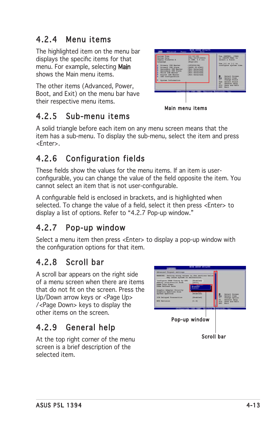 4 menu items, 5 sub-menu items, 6 configuration fields | 7 pop-up window, 8 scroll bar, 9 general help | Asus P5L 1394 User Manual | Page 71 / 120