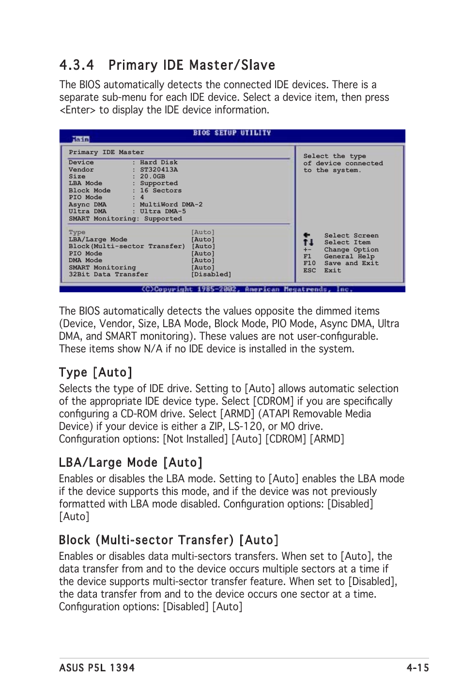 4 primary ide master/slave, Type [auto, Lba/large mode [auto | Block (multi-sector transfer) [auto | Asus P5L 1394 User Manual | Page 73 / 120