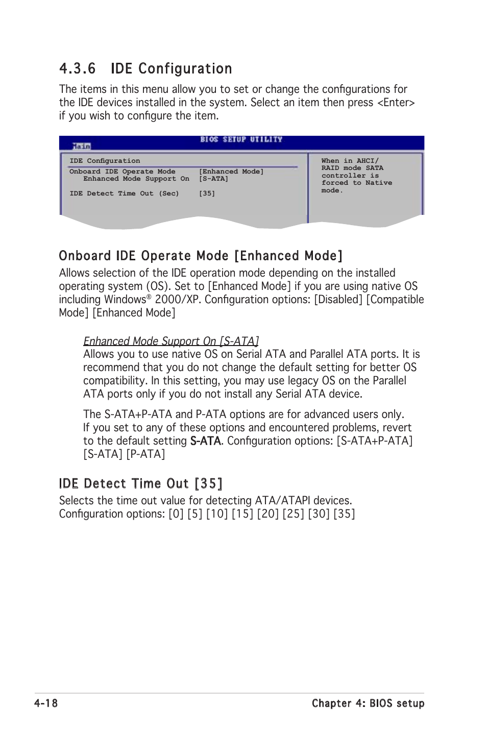 6 ide configuration, Ide detect time out [35, Onboard ide operate mode [enhanced mode | Asus P5L 1394 User Manual | Page 76 / 120