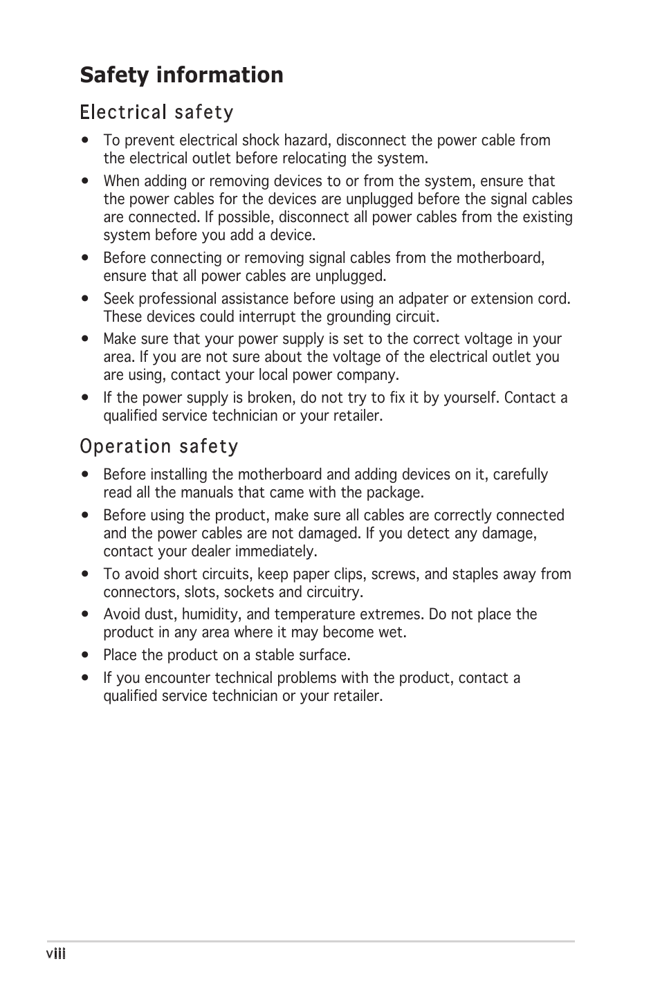 Safety information, Electrical safety, Operation safety | Asus P5L 1394 User Manual | Page 8 / 120