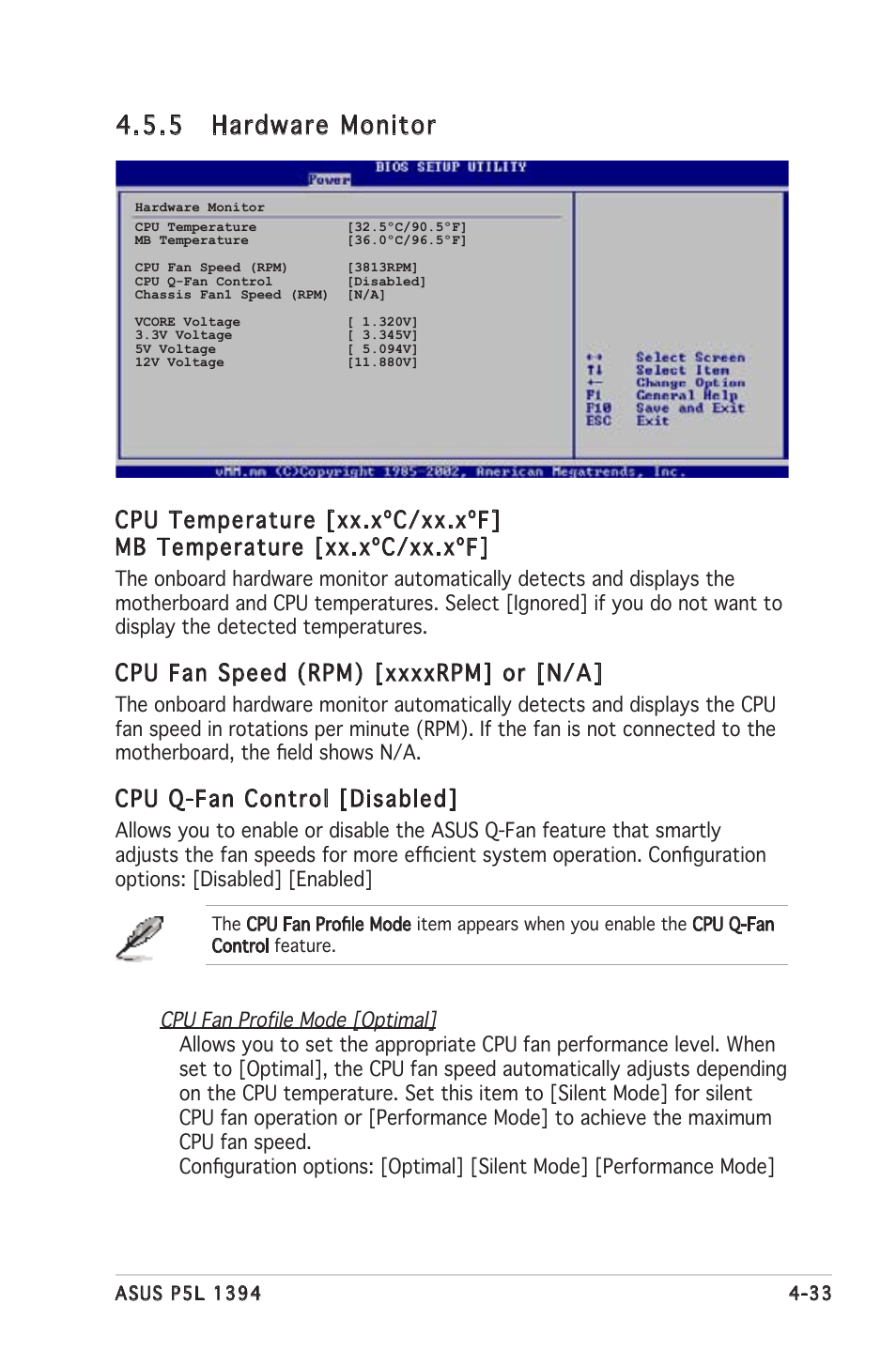 5 hardware monitor, Cpu q-fan control [disabled | Asus P5L 1394 User Manual | Page 91 / 120