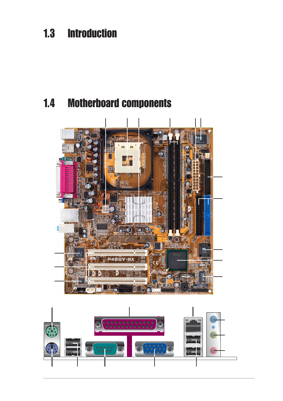 3 introduction, 4 motherboard components | Asus P4BGV-MX User Manual | Page 13 / 60