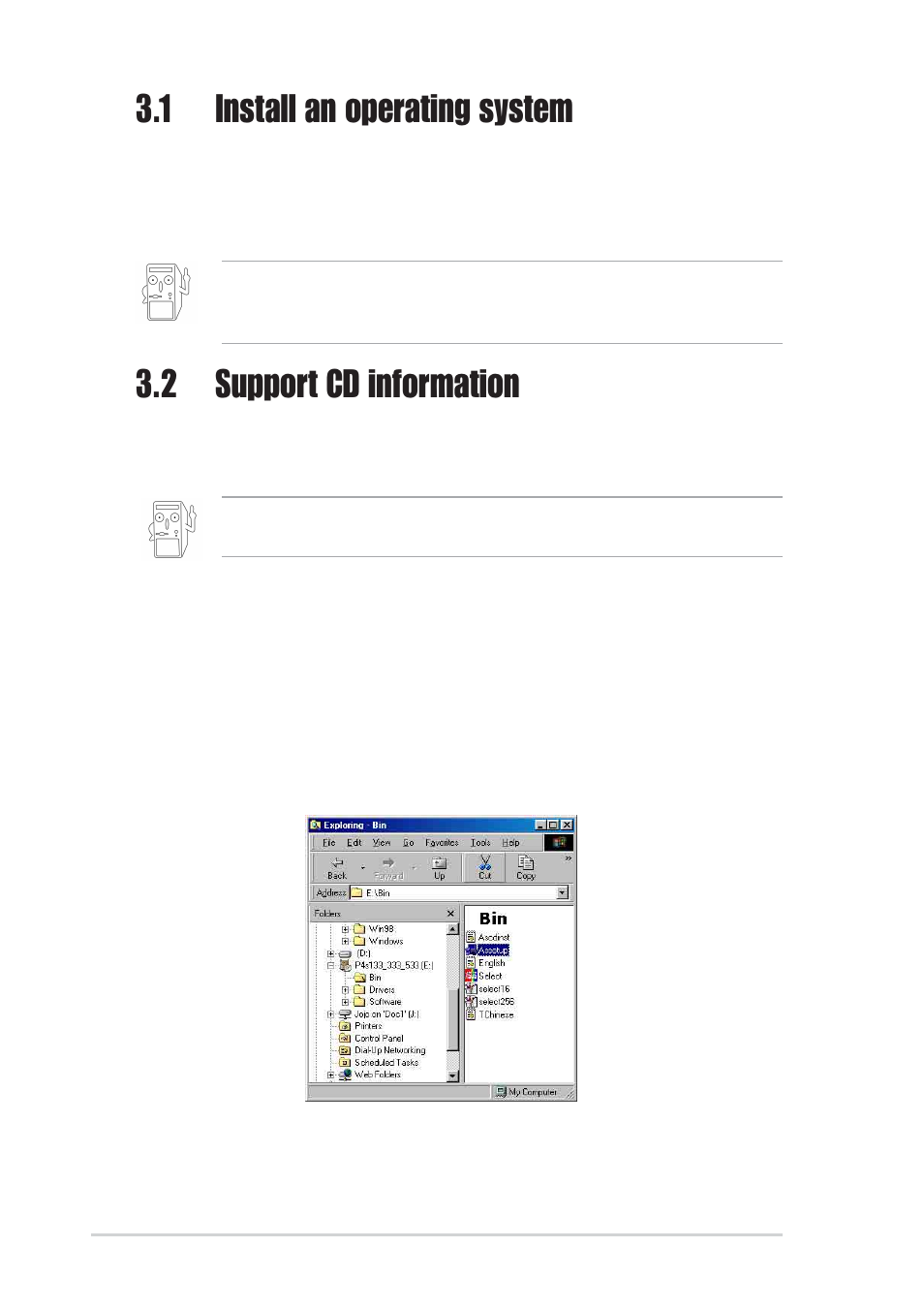 1 install an operating system, 2 support cd information | Asus P4BGV-MX User Manual | Page 58 / 60