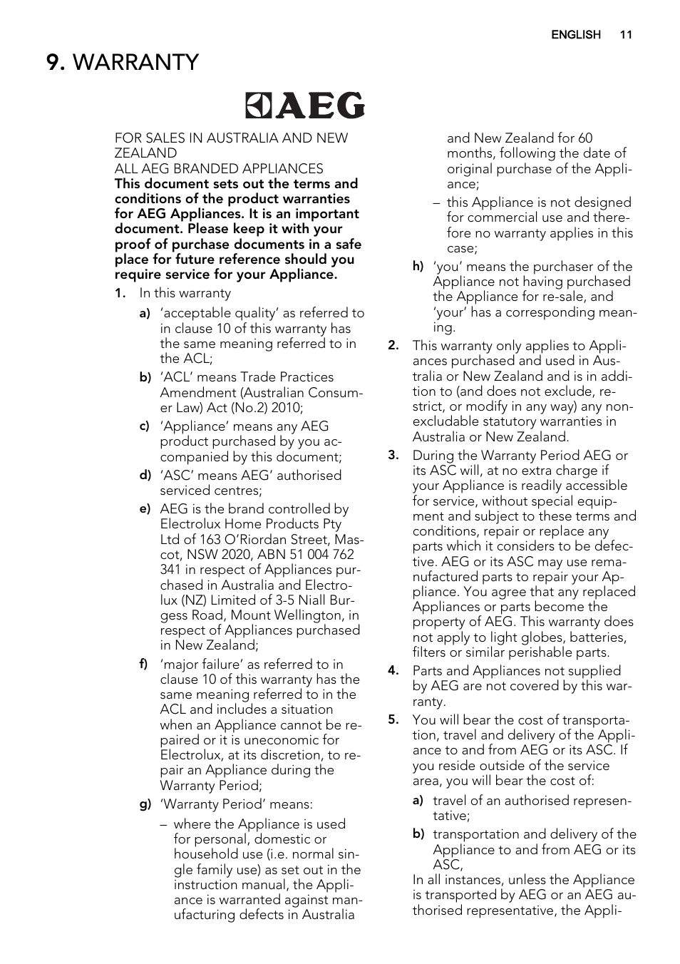 Warranty | AEG HK614010MB User Manual | Page 11 / 20