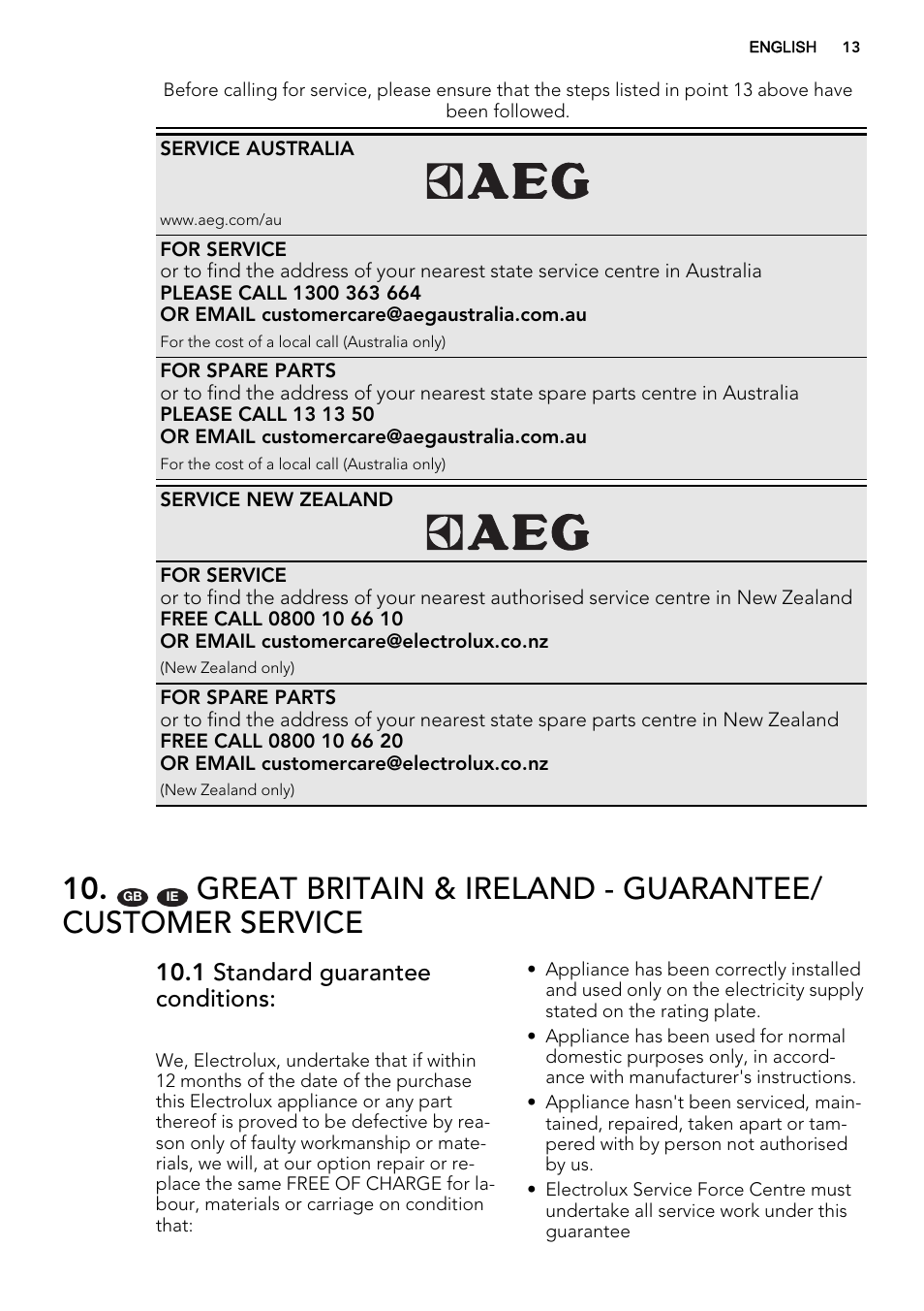 1 standard guarantee conditions | AEG HK614010MB User Manual | Page 13 / 20
