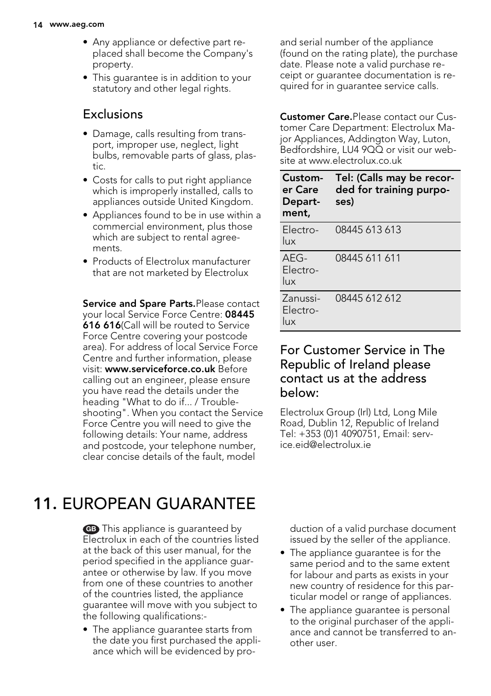 European guarantee, Exclusions | AEG HK614010MB User Manual | Page 14 / 20
