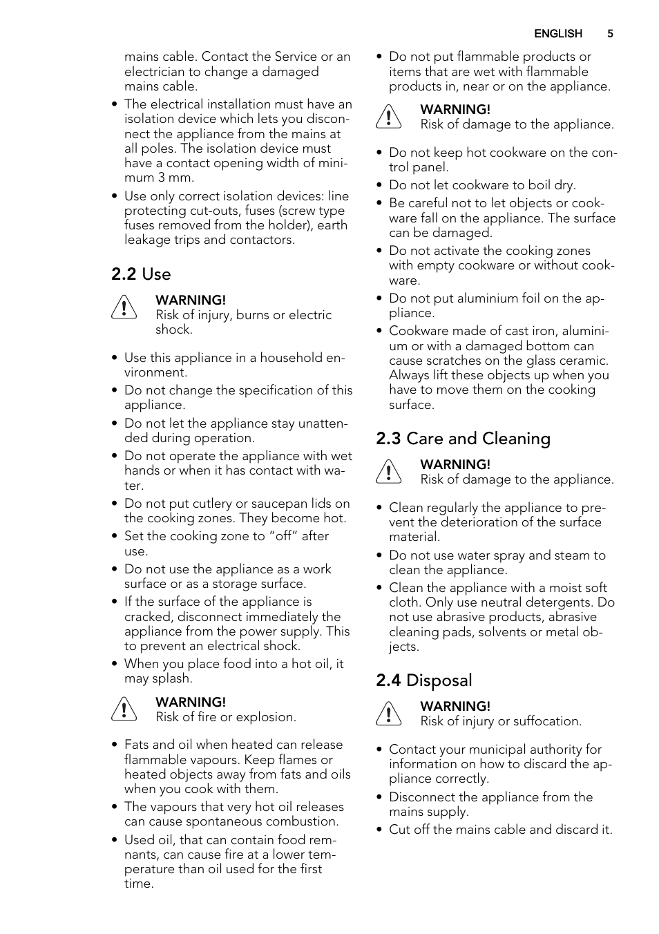 2 use, 3 care and cleaning, 4 disposal | AEG HK614010MB User Manual | Page 5 / 20