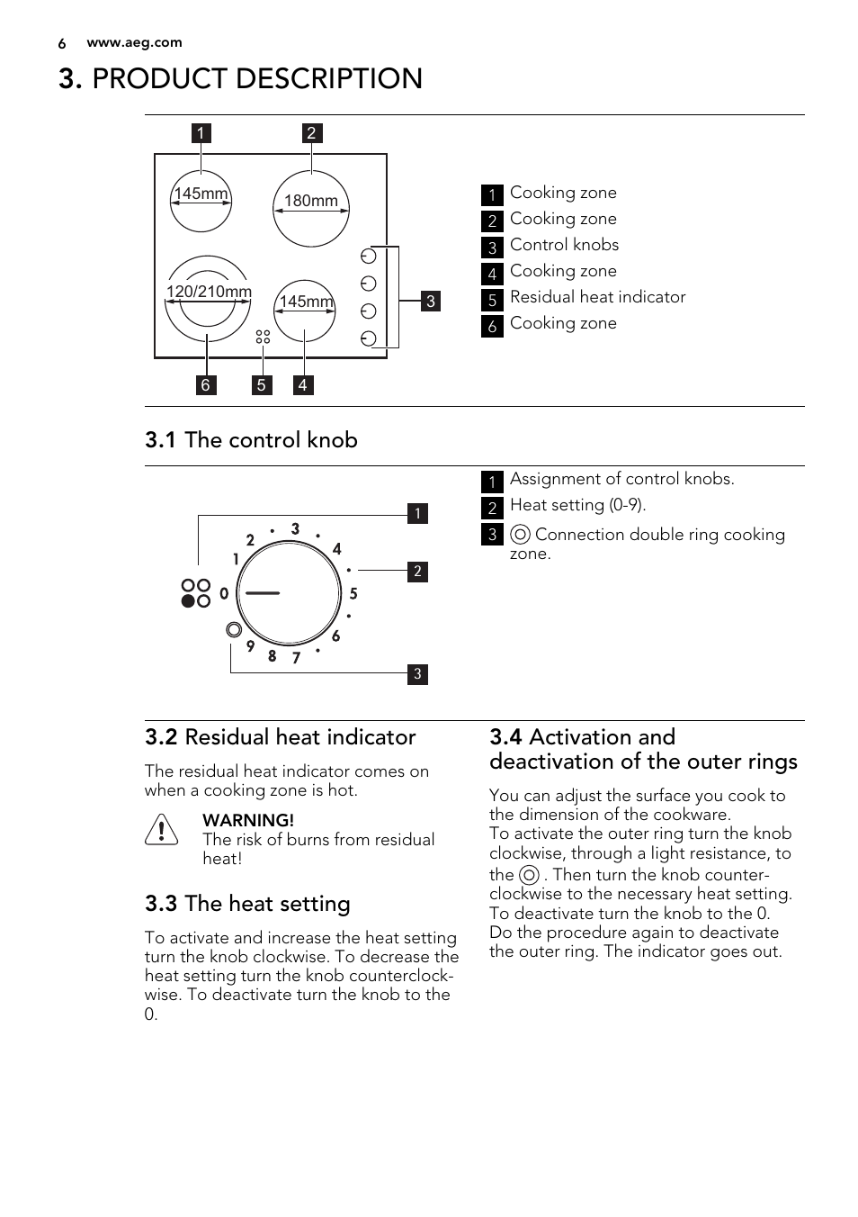 Product description, 1 the control knob, 2 residual heat indicator | 3 the heat setting, 4 activation and deactivation of the outer rings | AEG HK614010MB User Manual | Page 6 / 20