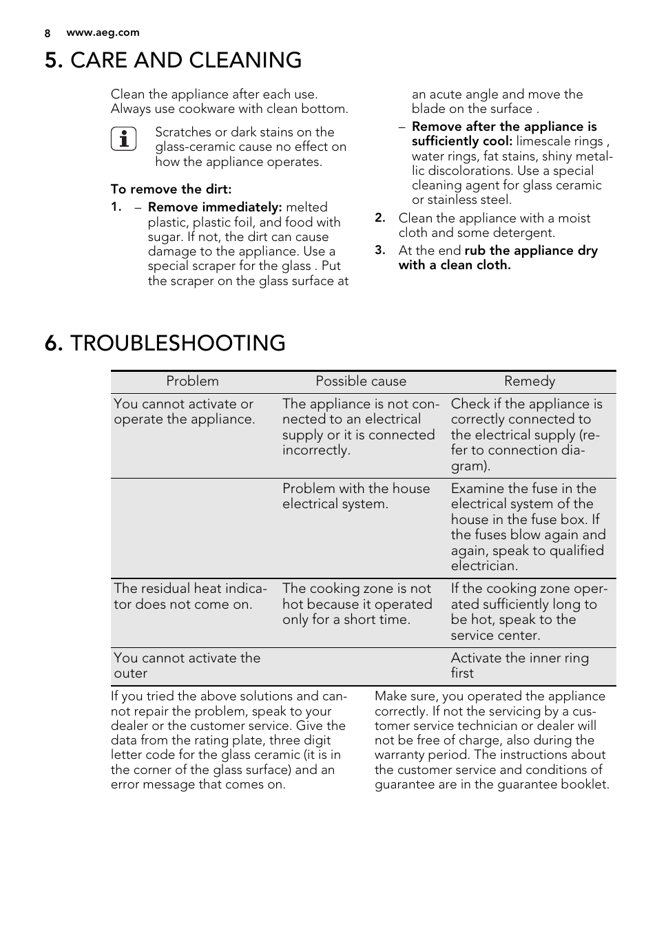 Care and cleaning, Troubleshooting | AEG HK614010MB User Manual | Page 8 / 20