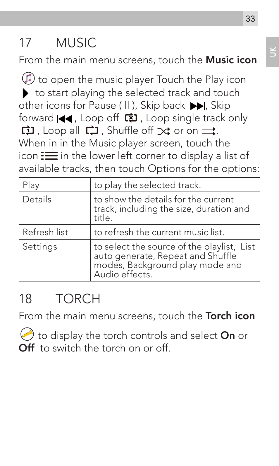 17 music, 18 torch | AEG Voxtel M800 User Manual | Page 33 / 48