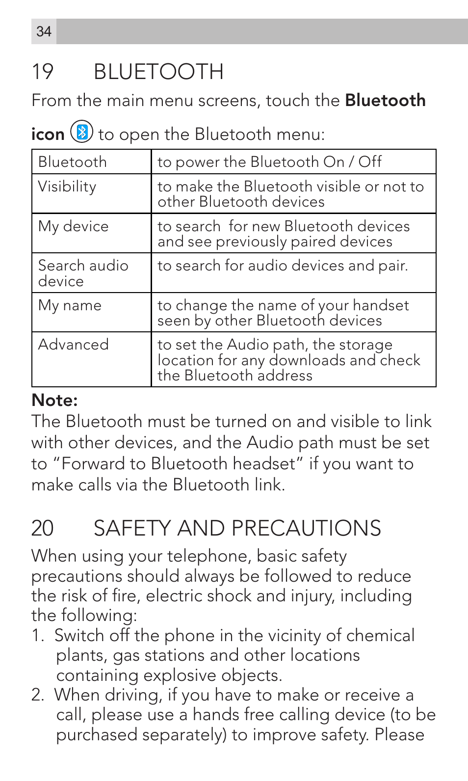 19 bluetooth, 20 safety and precautions | AEG Voxtel M800 User Manual | Page 34 / 48
