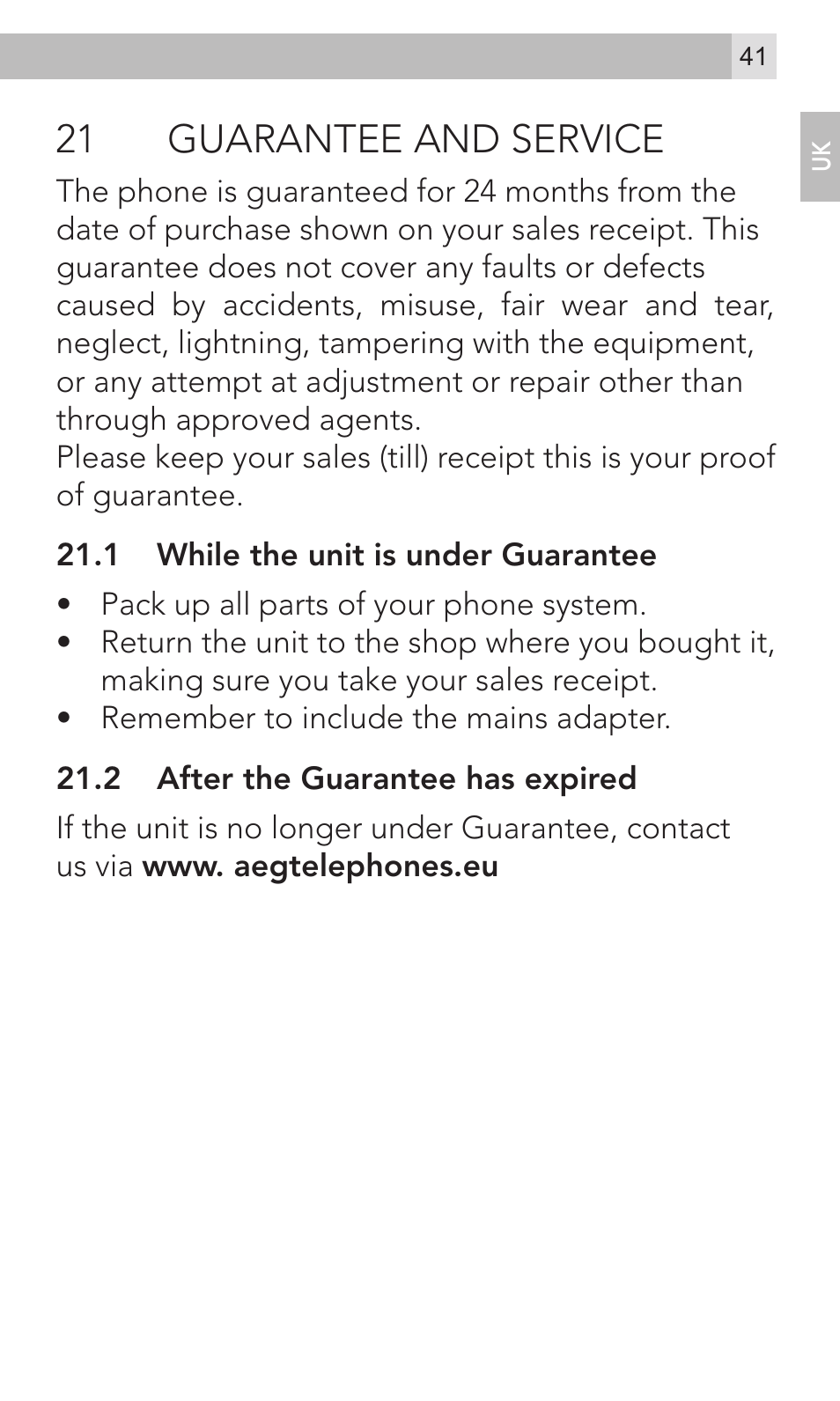 21 guarantee and service | AEG Voxtel M800 User Manual | Page 41 / 48