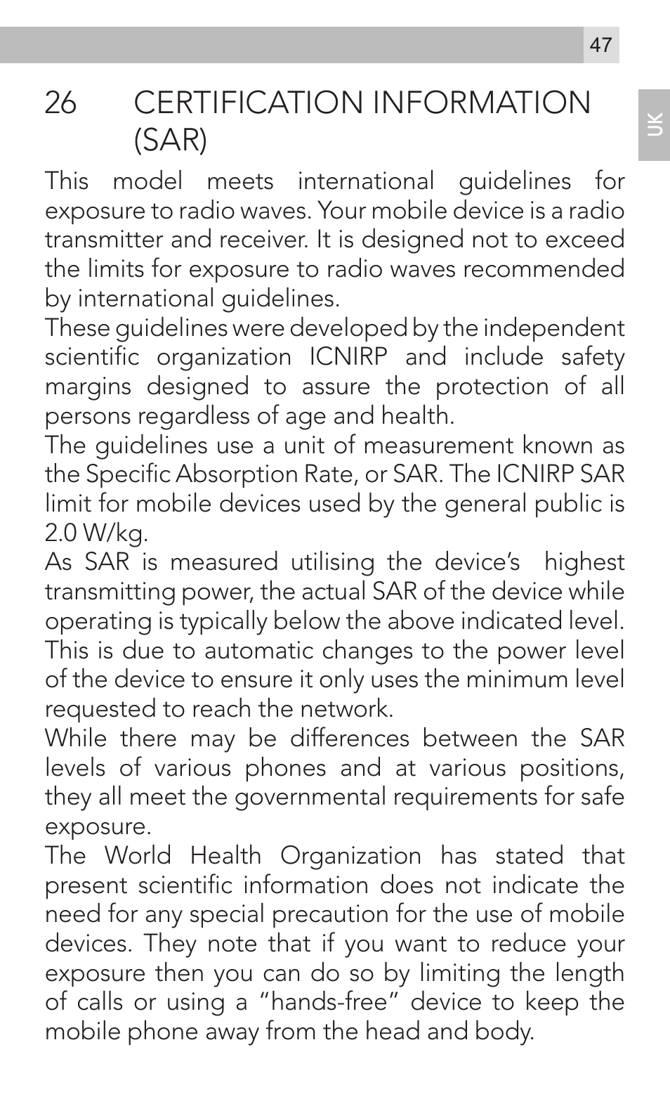 26 certification information (sar) | AEG Voxtel M800 User Manual | Page 47 / 48