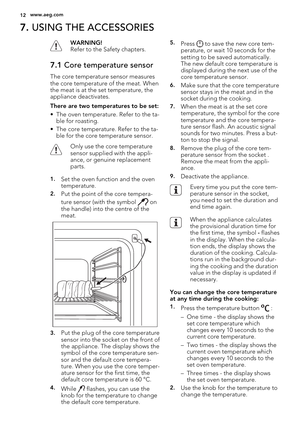 Using the accessories, 1 core temperature sensor | AEG BE2003021W User Manual | Page 12 / 40