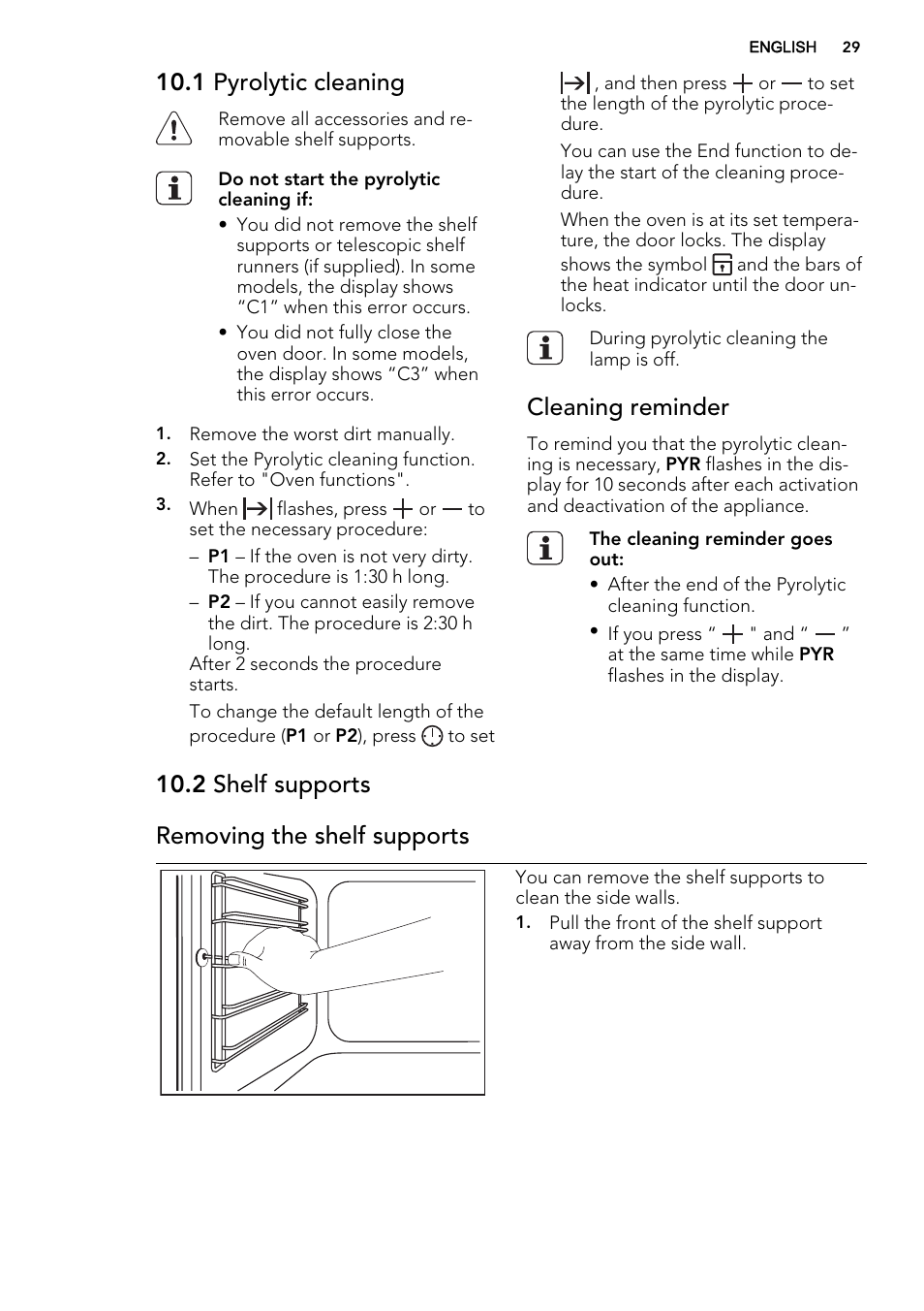 1 pyrolytic cleaning, Cleaning reminder, 2 shelf supports removing the shelf supports | AEG BE2003021W User Manual | Page 29 / 40