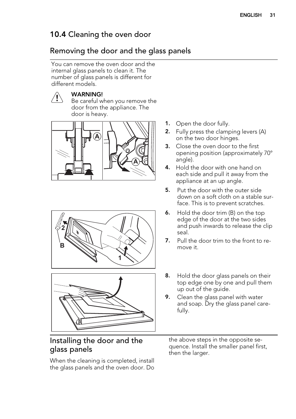 Installing the door and the glass panels | AEG BE2003021W User Manual | Page 31 / 40