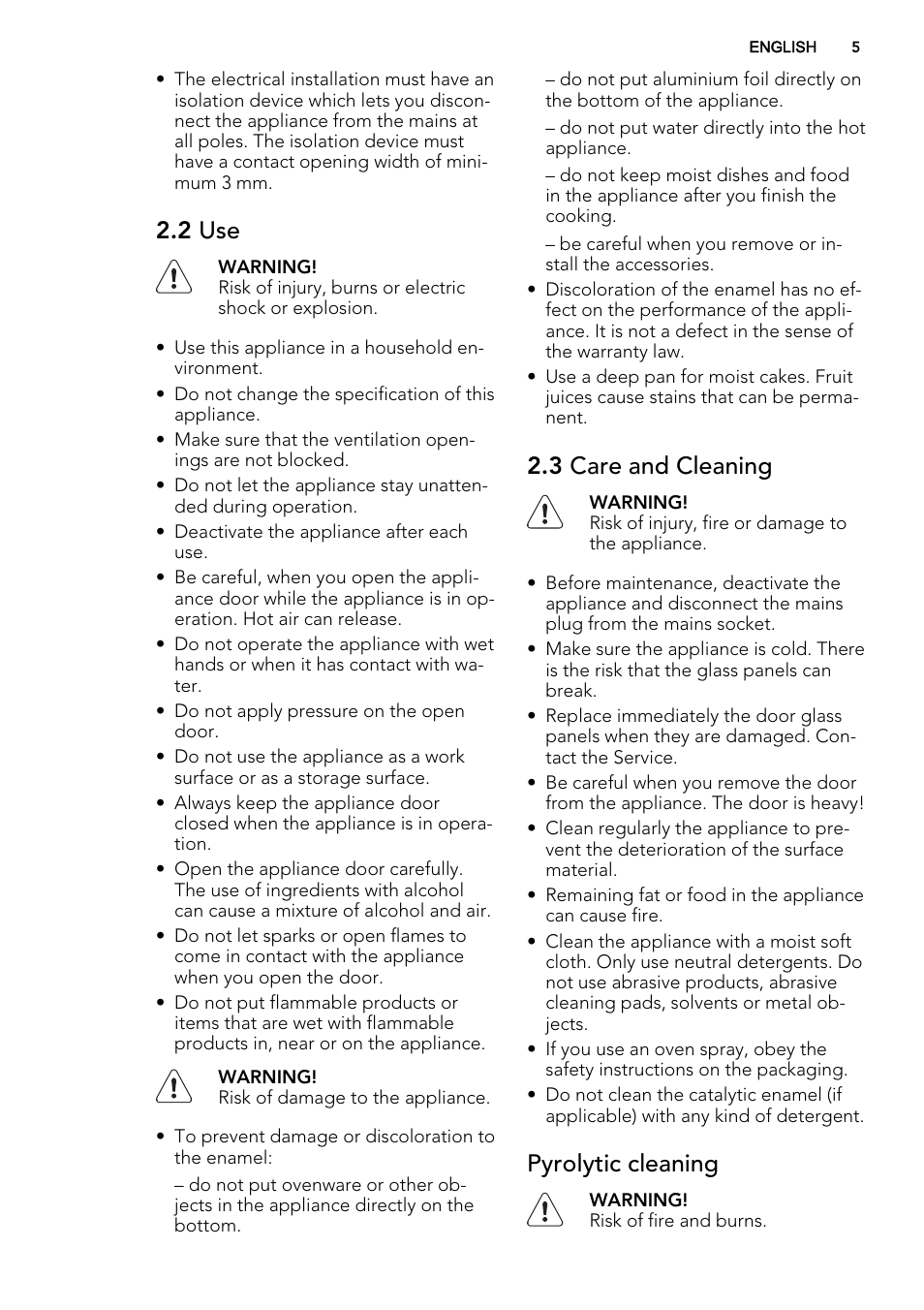 2 use, 3 care and cleaning, Pyrolytic cleaning | AEG BE2003021W User Manual | Page 5 / 40