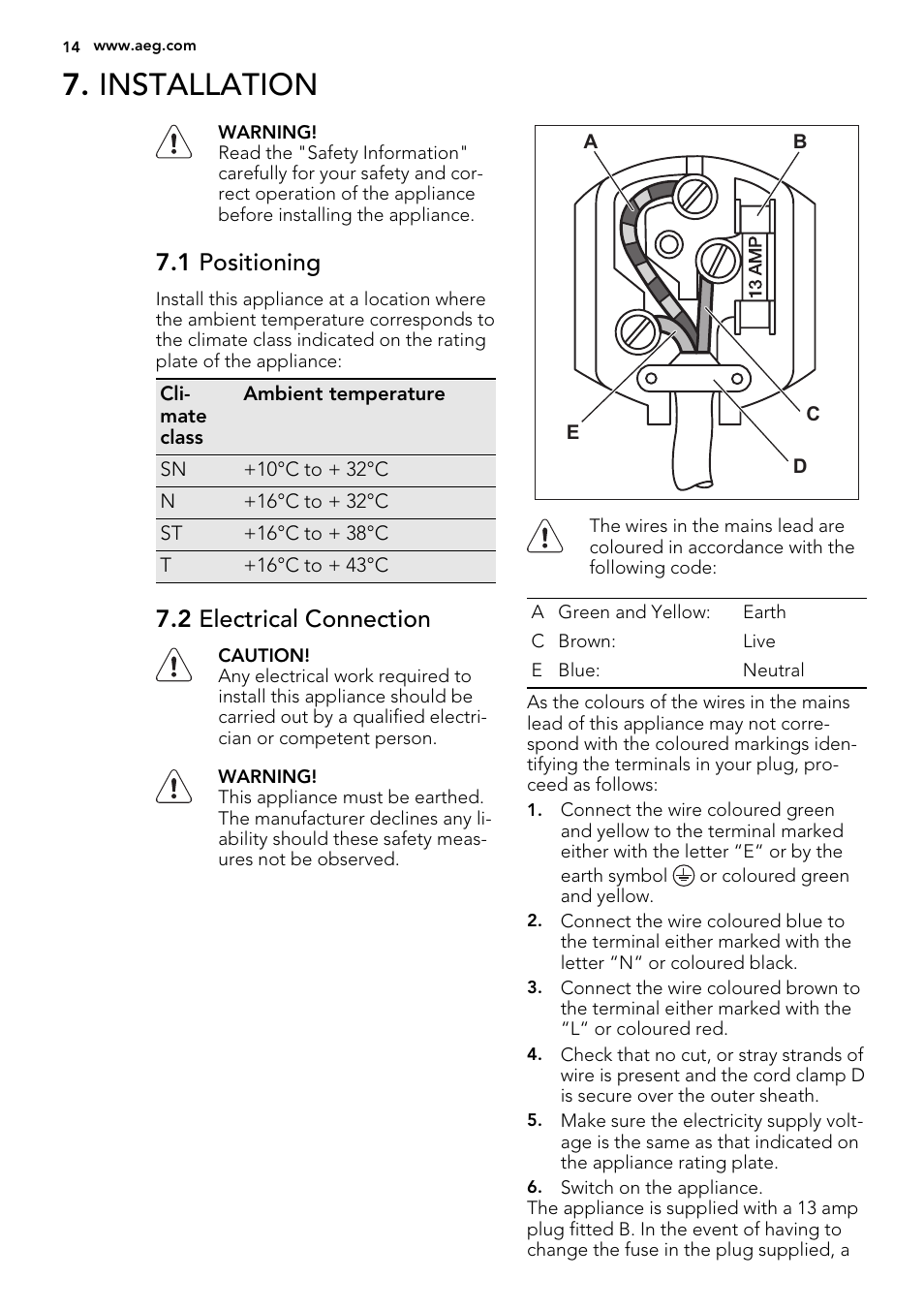 Installation, 1 positioning, 2 electrical connection | AEG SCZ71800F0 User Manual | Page 14 / 24