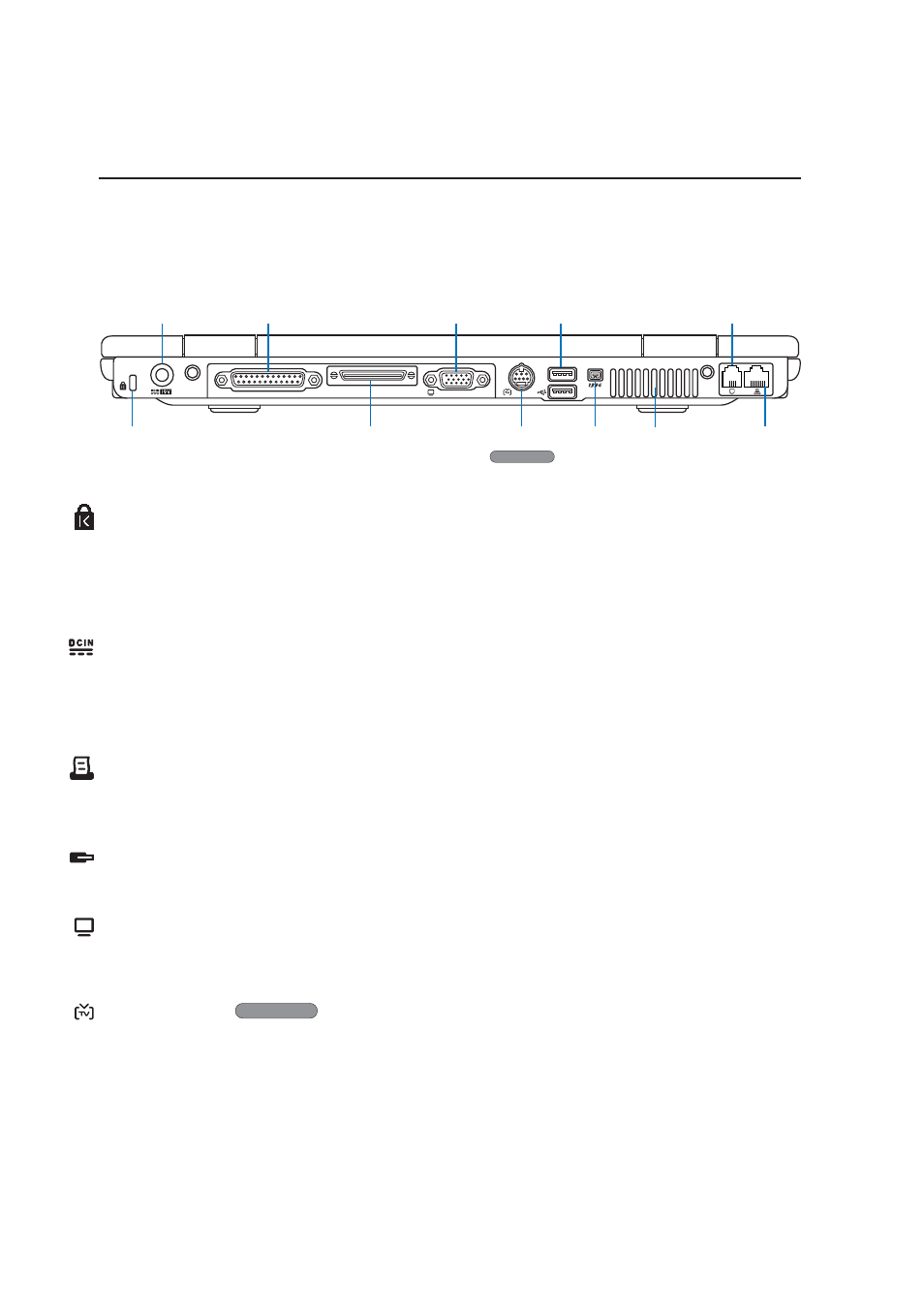Rear side, Knowing the parts, Kensington | Lock port, Power (dc) input, Display (monitor) output, Tv-out port, Parallel port, Accessory port | Asus E1916 User Manual | Page 18 / 72