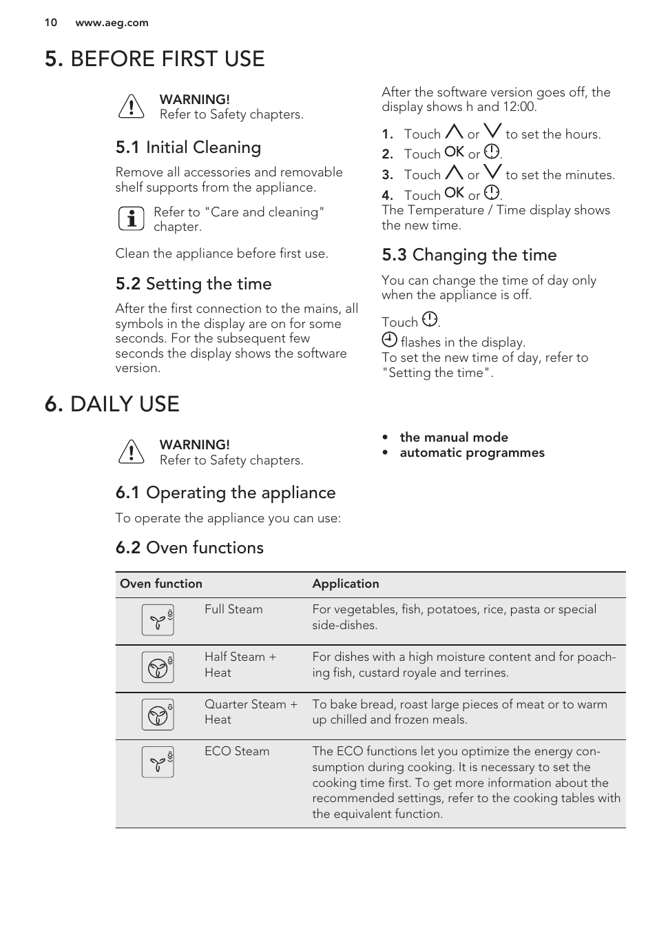 Before first use, 1 initial cleaning, 2 setting the time | 3 changing the time, Daily use, 1 operating the appliance, 2 oven functions, Before first use 6. daily use | AEG BY9314001M User Manual | Page 10 / 48