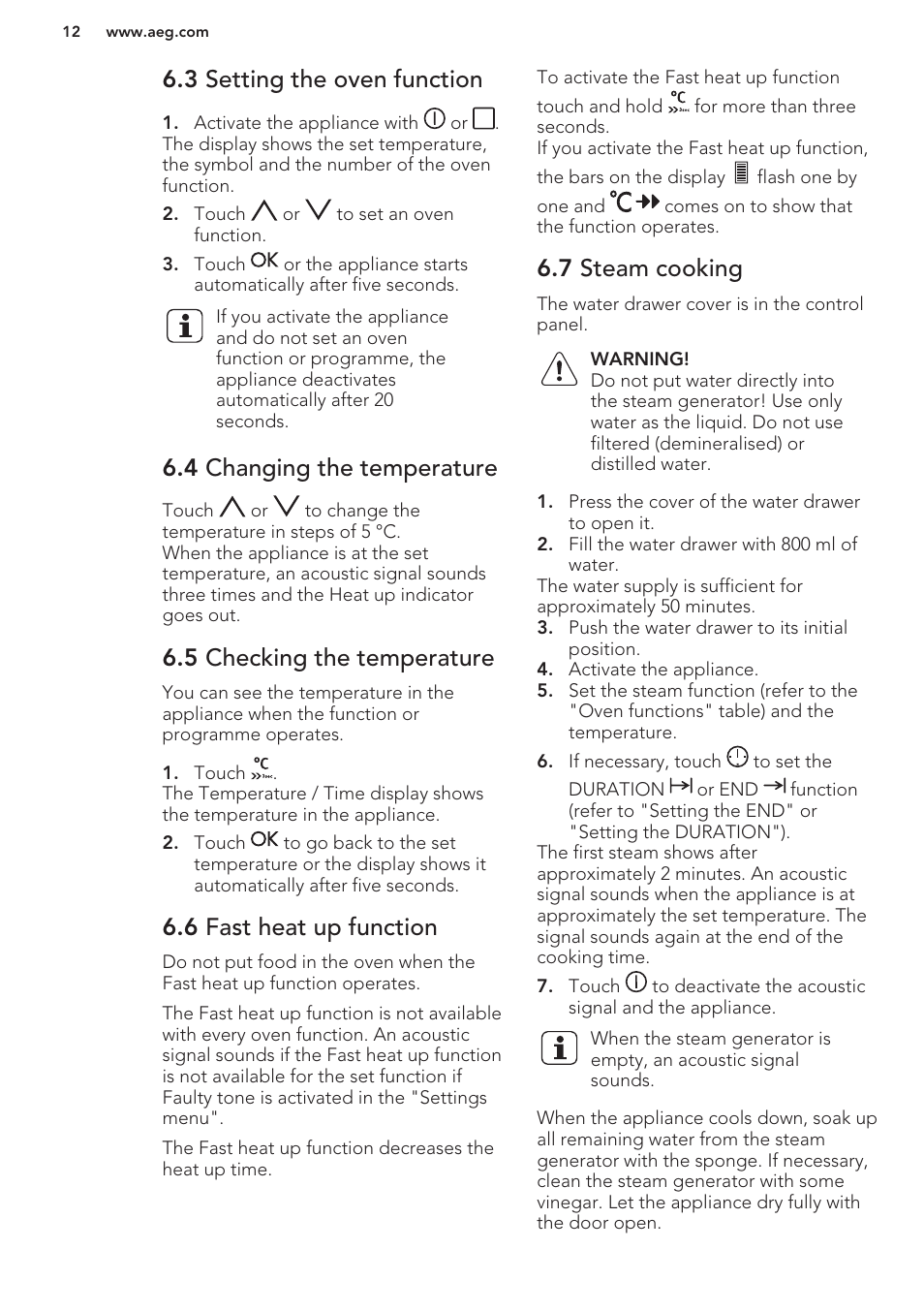 3 setting the oven function, 4 changing the temperature, 5 checking the temperature | 6 fast heat up function, 7 steam cooking | AEG BY9314001M User Manual | Page 12 / 48